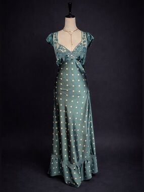 Teal Polka Dot Satin Maxi Dress with Lace Trim